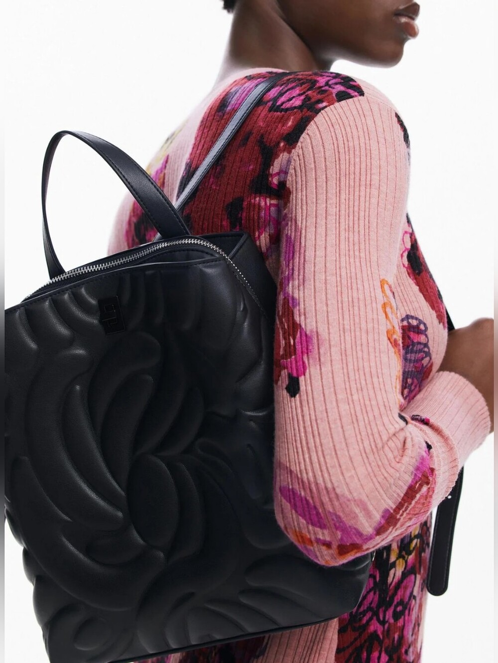 Desigual Black Floral-Pattern Backpack | Faux Leather Gothic Grunge Moto